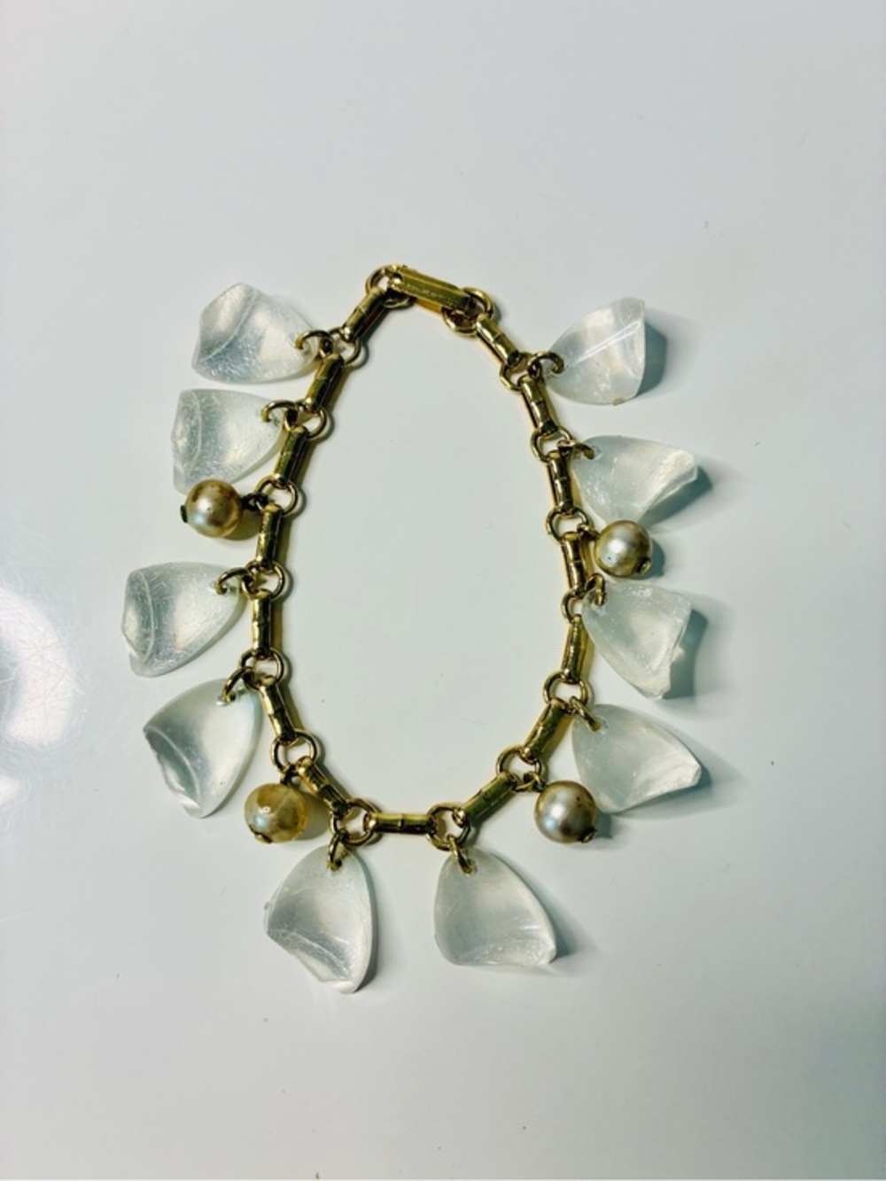 Retro Gold-Tone Bracelet with Clear Lucite Chunky Charms and Pearl Accents